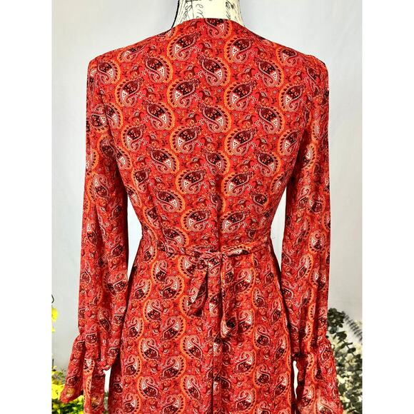 One Way Wrap Around Paisley Mini Dress Long Sleeves Red/Orange 12 - Picture 11 of 13